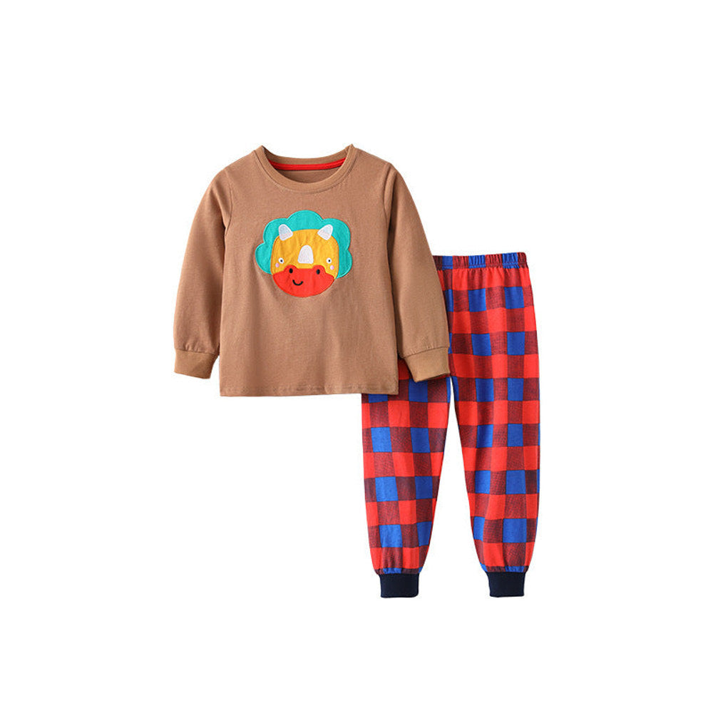 MyKids-USA® Boys Animals Cartoon Pattern Long Sleeves Top and Plaid Pants Clothing Set