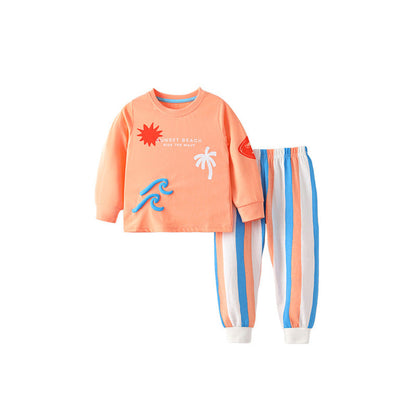 Spring and Autumn Boys Letters and Geometric Pattern Long Sleeves Top and Striped Pants Clothing Set