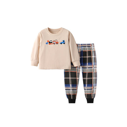 MyKids-USA® Boys Cartoon Embroidered Pattern Long Sleeves Top and Plaid Pants Clothing Set