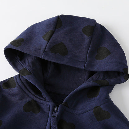 MyKids-USA® European and American Style Girls’ Hooded Zip-up Black Hearts Pattern Coat with Long Sleeves
