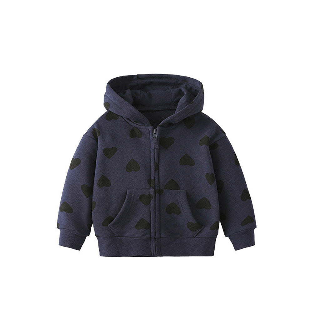 MyKids-USA® European and American Style Girls’ Hooded Zip-up Black Hearts Pattern Coat with Long Sleeves