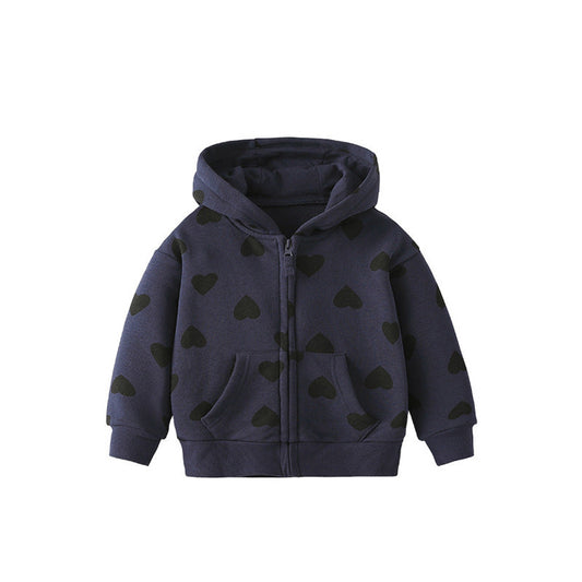 MyKids-USA® European and American Style Girls’ Hooded Zip-up Black Hearts Pattern Coat with Long Sleeves