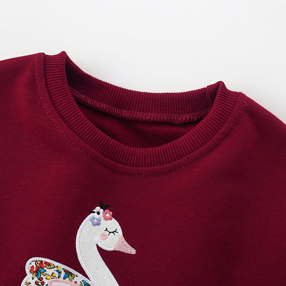 MyKids-USA® Cartoon Swans Pattern Long Sleeves Pullover with Tulle Decoration for Stylish Girls