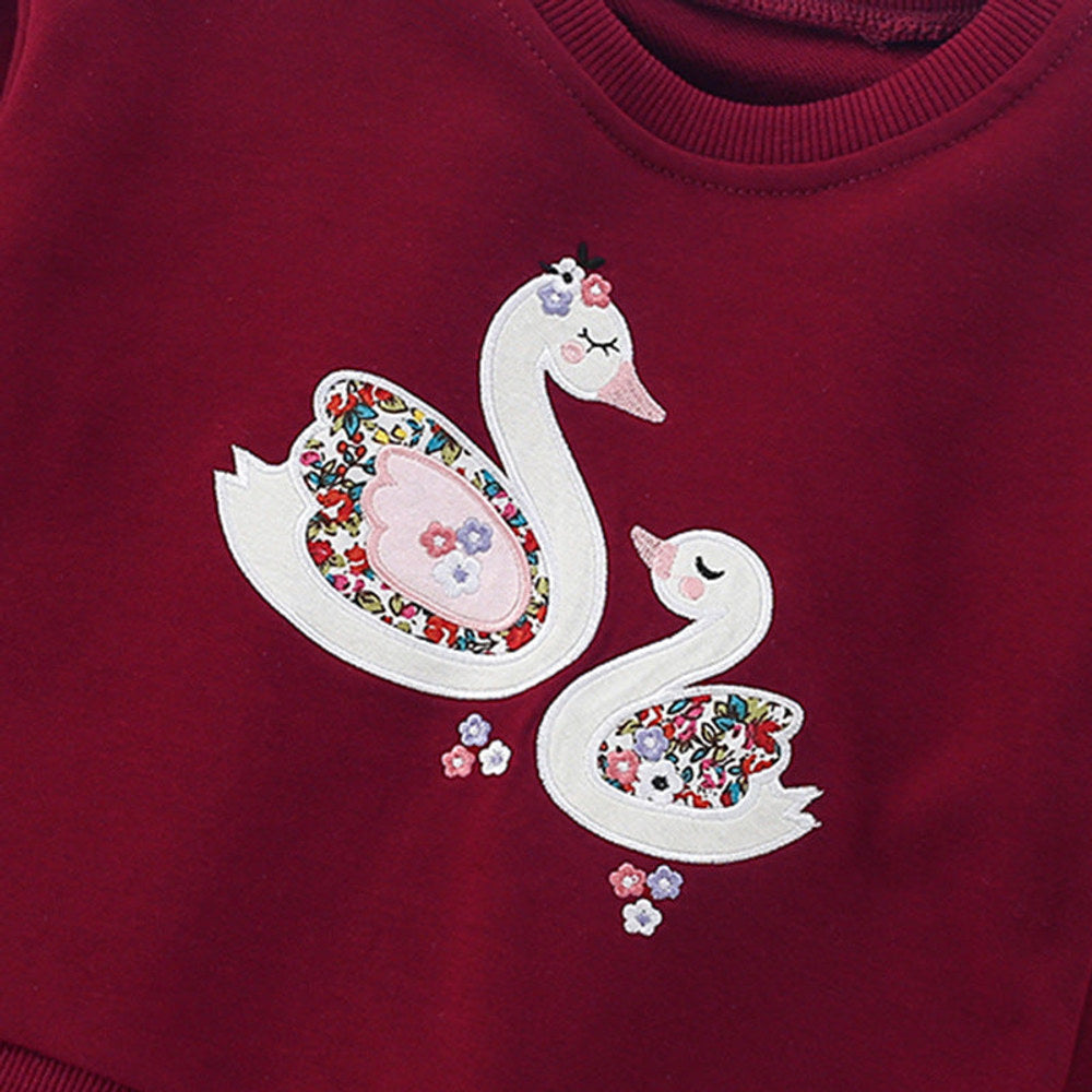 MyKids-USA® Cartoon Swans Pattern Long Sleeves Pullover with Tulle Decoration for Stylish Girls