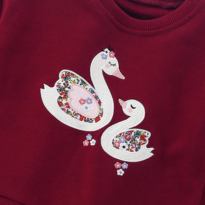 MyKids-USA® Cartoon Swans Pattern Long Sleeves Pullover with Tulle Decoration for Stylish Girls