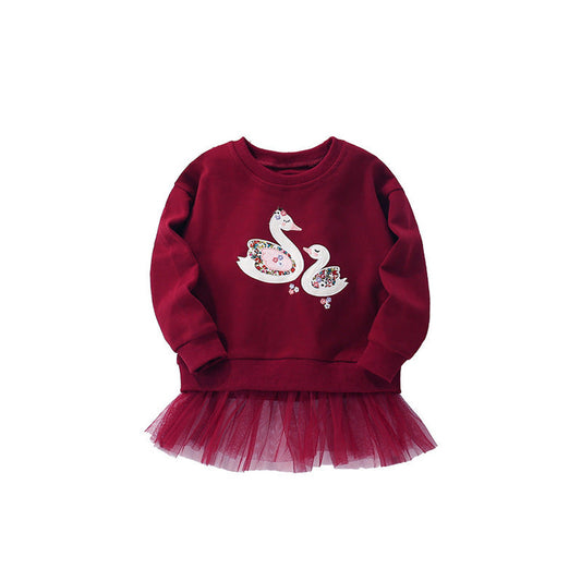 MyKids-USA® Cartoon Swans Pattern Long Sleeves Pullover with Tulle Decoration for Stylish Girls