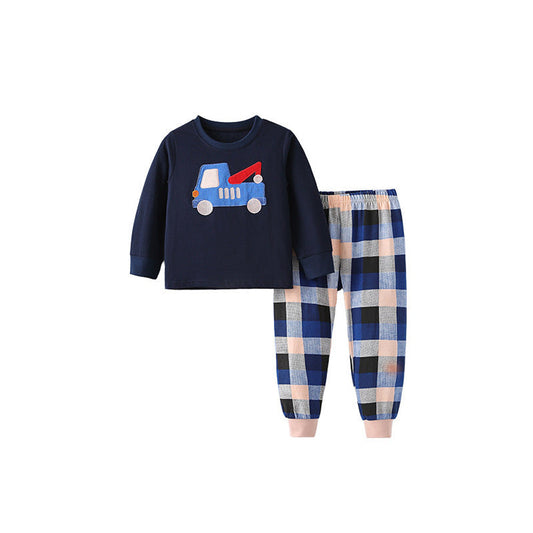 Spring and Autumn Boys Cartoon Pattern Long Sleeves Top and Plaid Pants Clothing Set