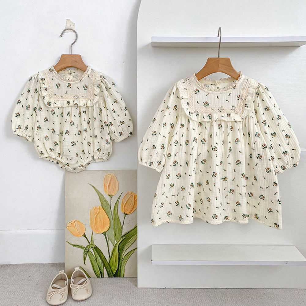 MyKids-USA® Baby Girls French-style Floral Long-sleeved bodysuit and Dress – Princess Sister Matching Set