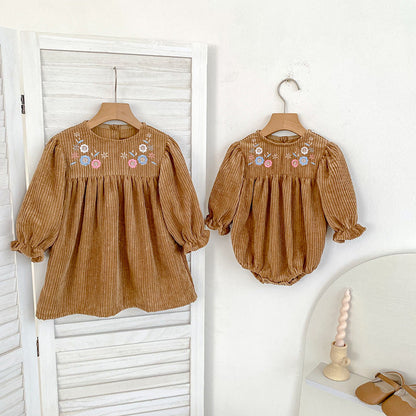 MyKids-USA® Baby bodysuit and Dress for Girls with Long Sleeves and Embroidered Flowers Pattern – Princess Sister Matching Set