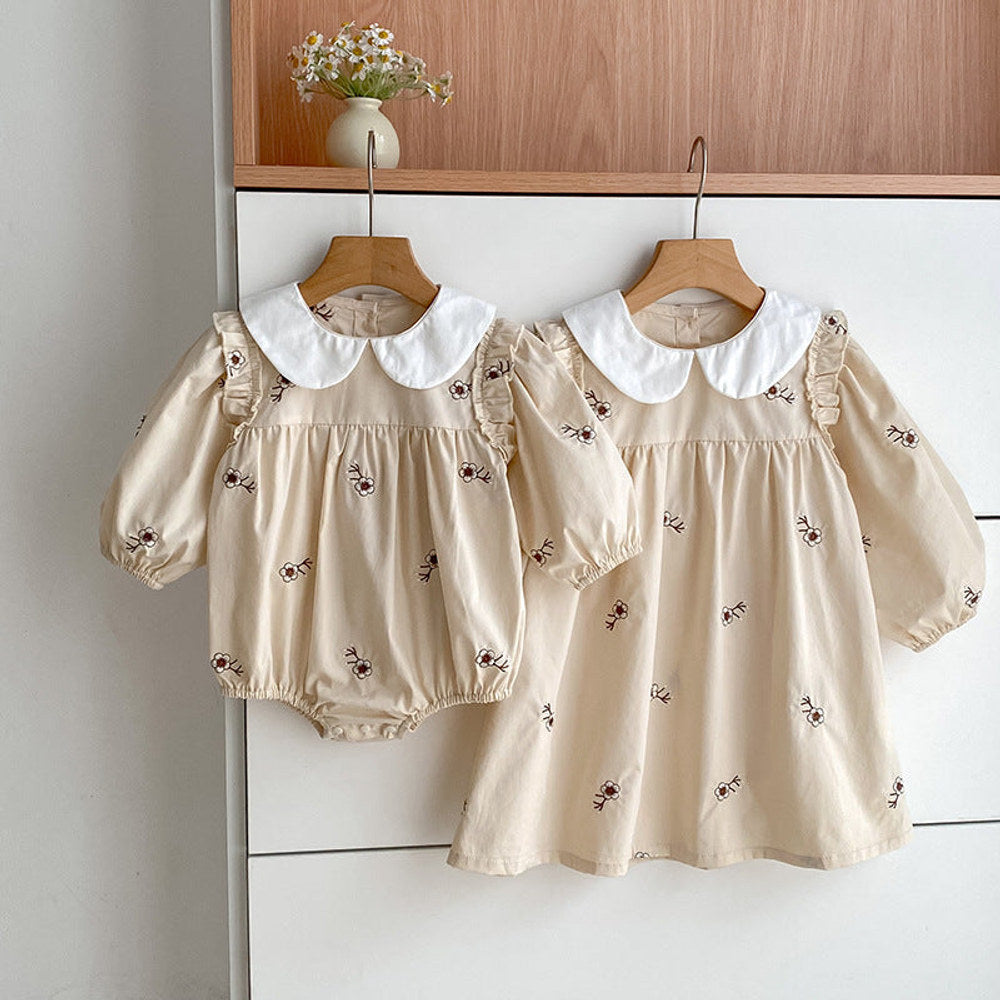 MyKids-USA® Baby Girls French-style Floral Pattern Long-sleeved bodysuit and Dress – Princess Sister Matching Set