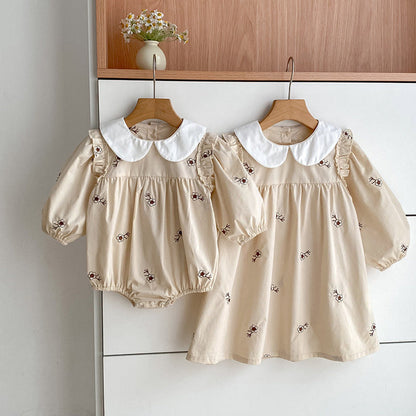 MyKids-USA® Baby Girls French-style Floral Pattern Long-sleeved bodysuit and Dress – Princess Sister Matching Set