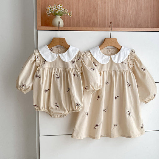 MyKids-USA® Autumn Arrival Baby Girls French-style Floral Pattern Long-sleeved bodysuit and Dress – Princess Sister Matching Set