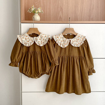 MyKids-USA® Baby Girls Vintage Floral Collar Long-sleeved bodysuit and Dress – Princess Sister Matching Set