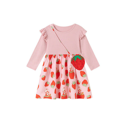 MyKids-USA® Baby Kids Girls Cute Strawberry Pattern Long Sleeves Crew Neck Dress