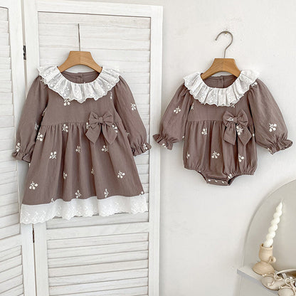 MyKids-USA® Baby Kids Girls Flowers Embroidered Pattern Long-sleeved bodysuit and Dress – Princess Sister Matching Set
