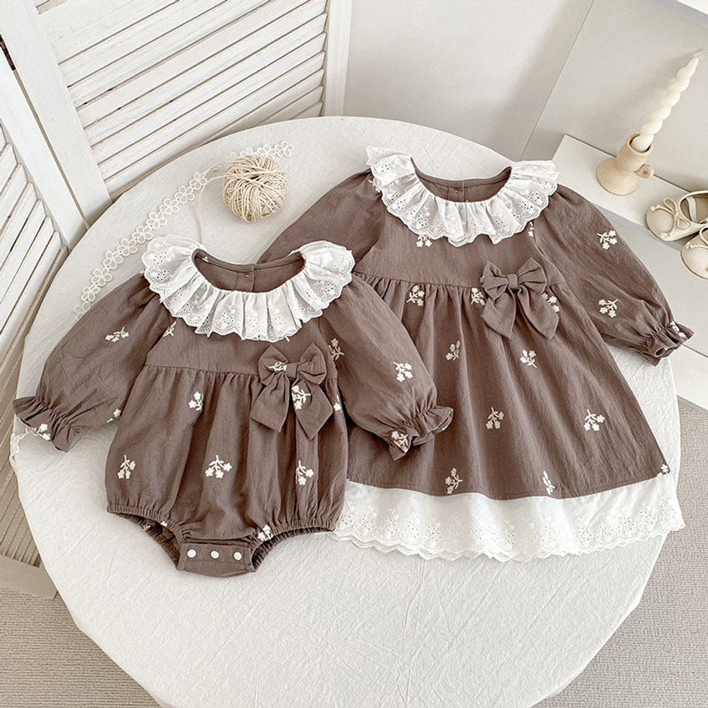 MyKids-USA® Baby Kids Girls Flowers Embroidered Pattern Long-sleeved bodysuit and Dress – Princess Sister Matching Set