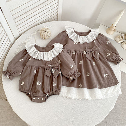 MyKids-USA® Baby Kids Girls Flowers Embroidered Pattern Long-sleeved bodysuit and Dress – Princess Sister Matching Set