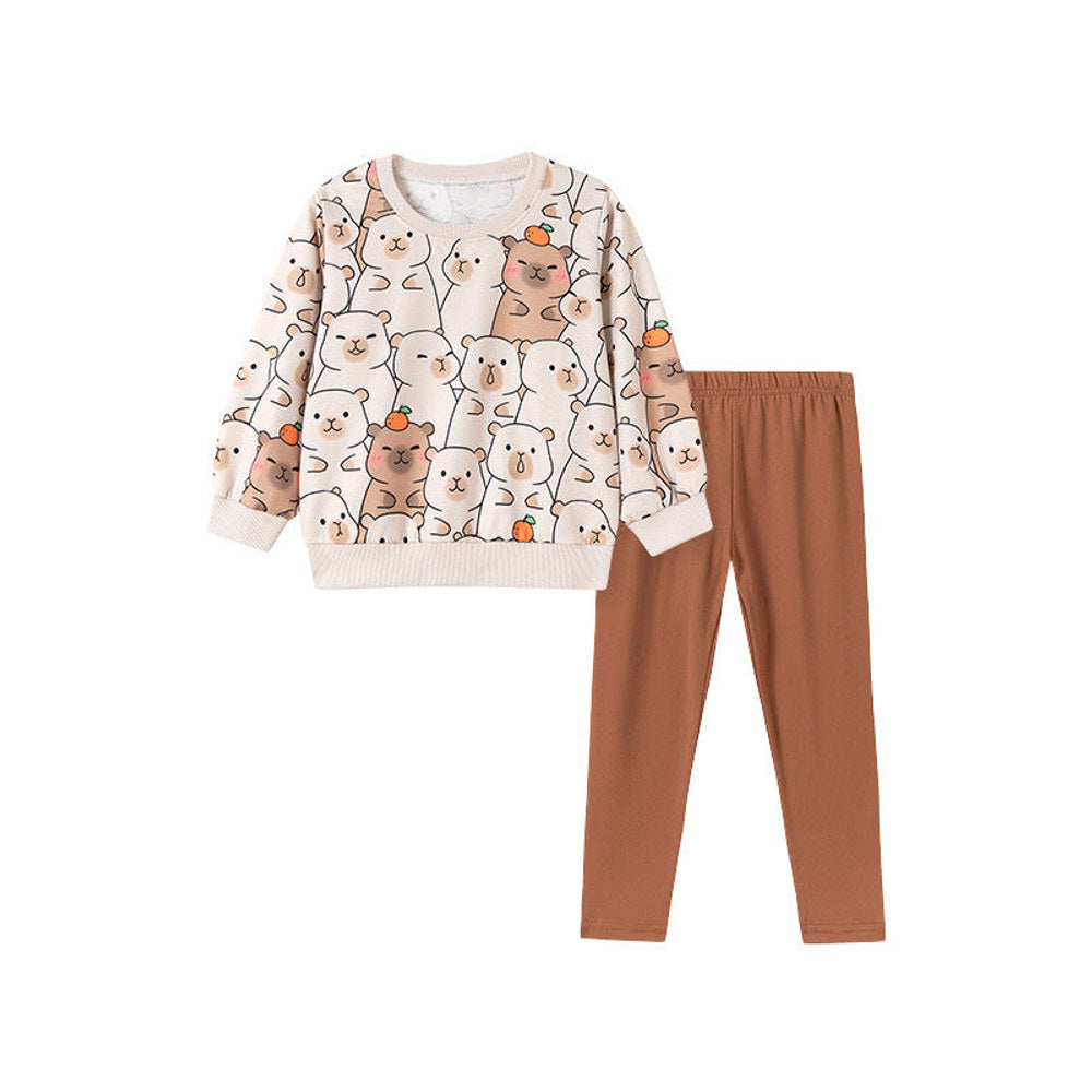 MyKids-USA® Spring and Autumn Girls Cartoon Pattern Long Sleeves Top and Plain Pants Clothing Set