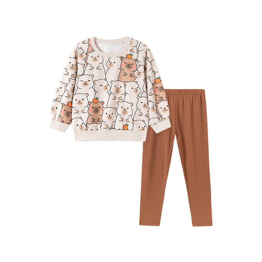 MyKids-USA® Spring and Autumn Girls Cartoon Pattern Long Sleeves Top and Plain Pants Clothing Set