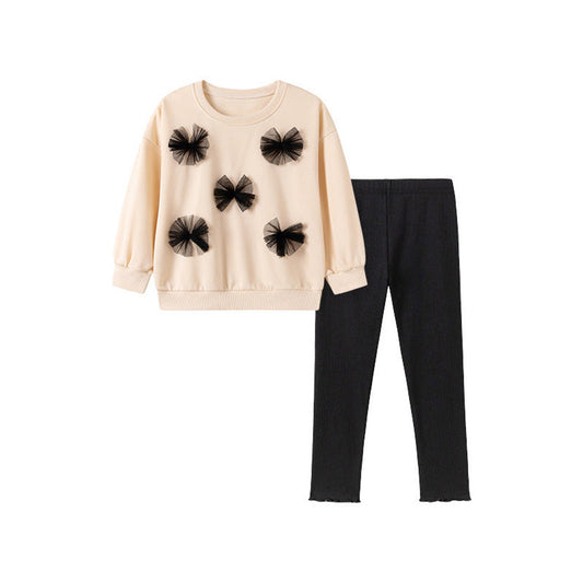 MyKids-USA® Spring and Autumn Girls Butterfly-bows Decorated Long Sleeves Top and Plain Pants Clothing Set