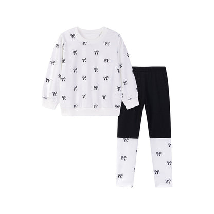 MyKids-USA® Spring and Autumn Girls Butterfly-bows Pattern Long Sleeves Top and Color Patchwork Pants Clothing Set