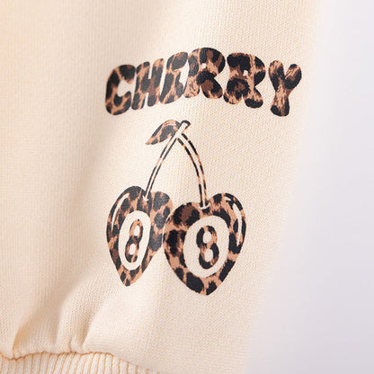 MyKids-USA® Girls Cherry and Letters Pattern Long Sleeves Top and Leopard Pants Clothing Set