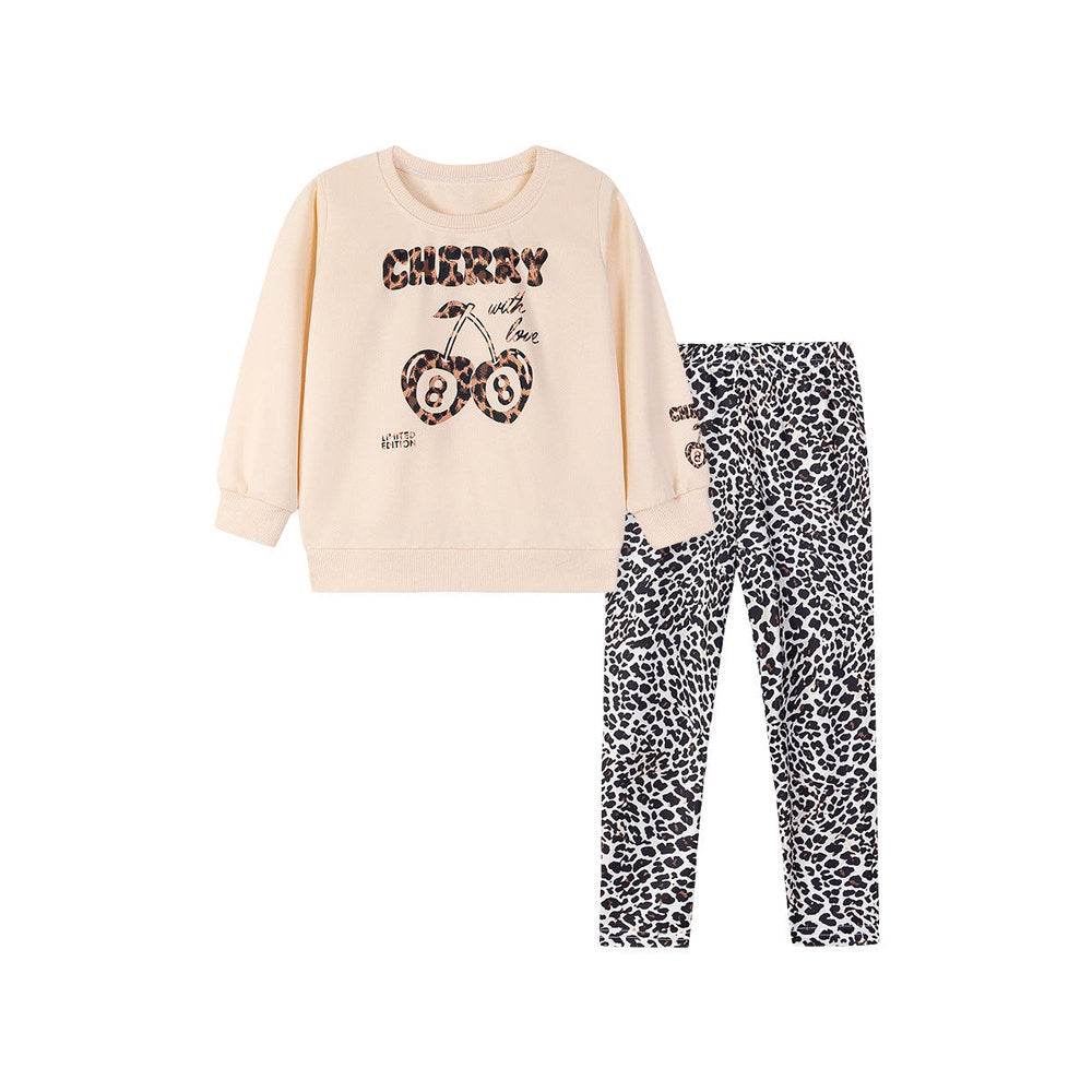 MyKids-USA® Girls Cherry and Letters Pattern Long Sleeves Top and Leopard Pants Clothing Set