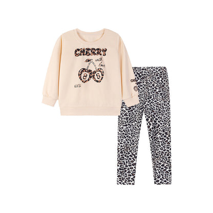 MyKids-USA® Girls Cherry and Letters Pattern Long Sleeves Top and Leopard Pants Clothing Set