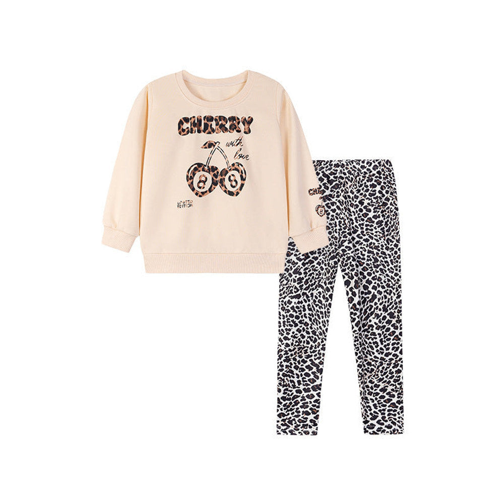 MyKids-USA® Girls Cherry and Letters Pattern Long Sleeves Top and Leopard Pants Clothing Set
