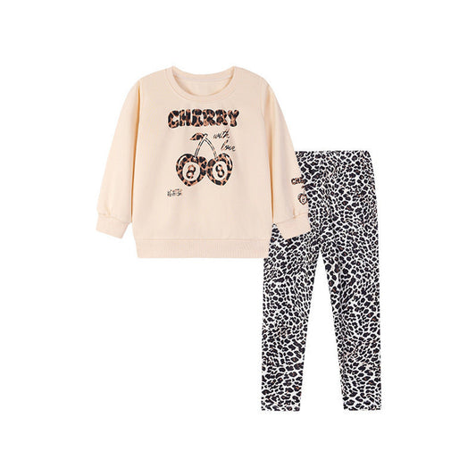 MyKids-USA® Girls Cherry and Letters Pattern Long Sleeves Top and Leopard Pants Clothing Set