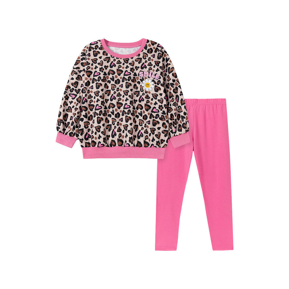 MyKids-USA® Spring and Autumn Girls Leopard and Letters Pattern Long Sleeves Top and Plain Pants Clothing Set