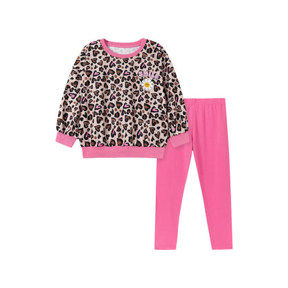 MyKids-USA® Spring and Autumn Girls Leopard and Letters Pattern Long Sleeves Top and Plain Pants Clothing Set