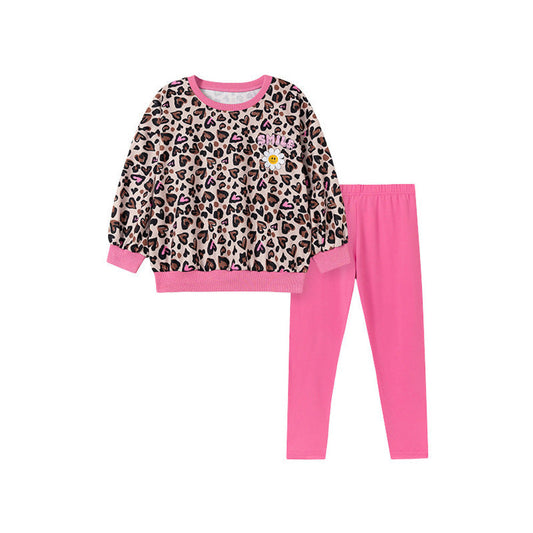 MyKids-USA® Spring and Autumn Girls Leopard and Letters Pattern Long Sleeves Top and Plain Pants Clothing Set