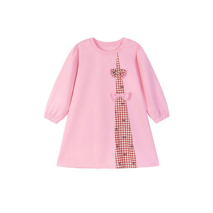 MyKids-USA® Baby Kids Girls Cute Butterfly-bows Decorated Long Sleeves Crew Neck Plaid Dress