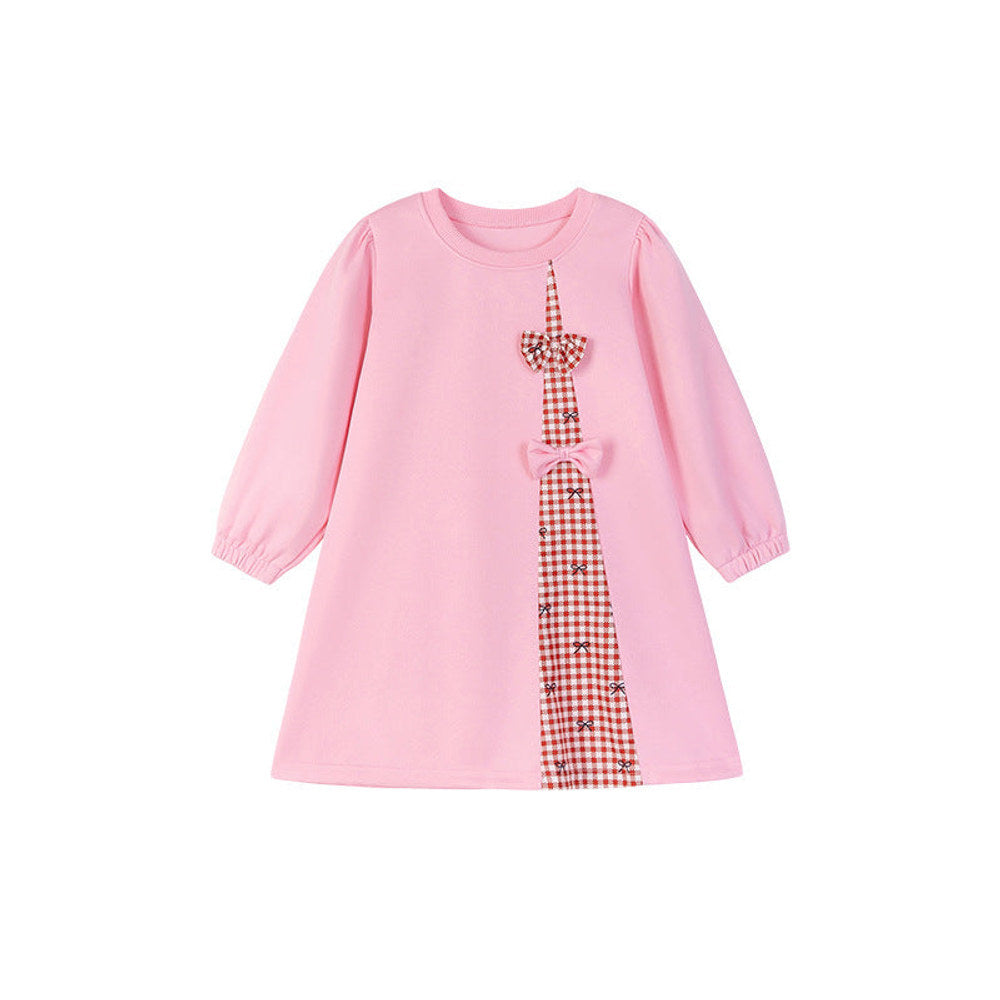 MyKids-USA® Baby Kids Girls Cute Butterfly-bows Decorated Long Sleeves Crew Neck Plaid Dress