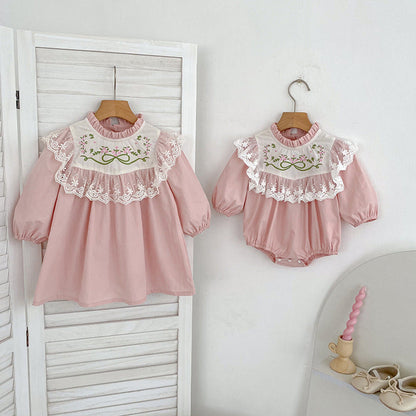 MyKids-USA® Baby Kids Girls Flowers Embroidered Pattern Long-sleeved bodysuit and Dress – Princess Sister Matching Set