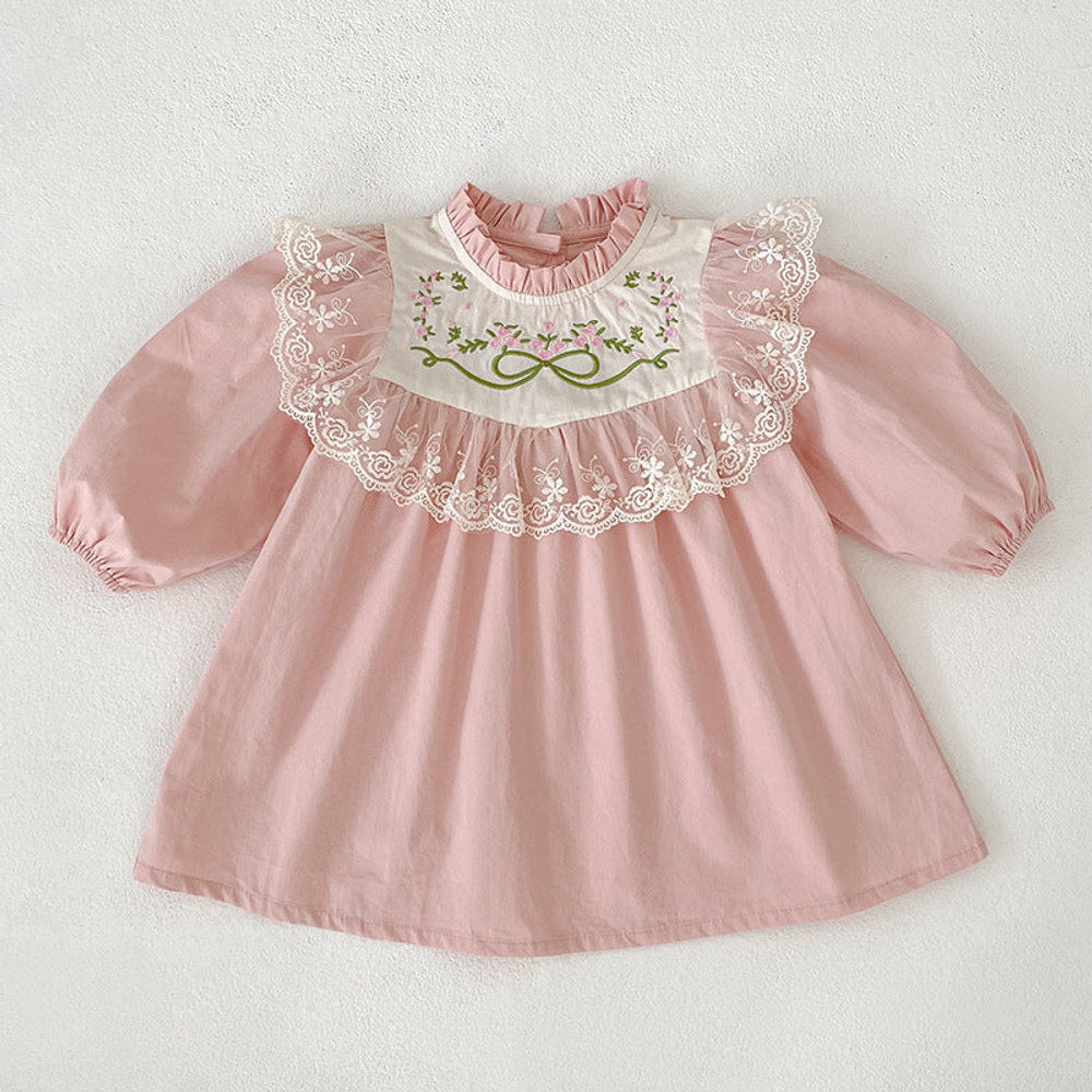 MyKids-USA® Baby Kids Girls Flowers Embroidered Pattern Long-sleeved bodysuit and Dress – Princess Sister Matching Set