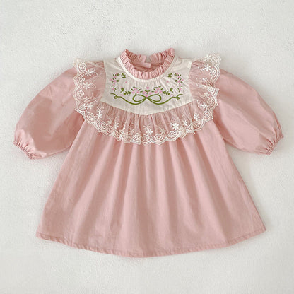 MyKids-USA® Baby Kids Girls Flowers Embroidered Pattern Long-sleeved bodysuit and Dress – Princess Sister Matching Set