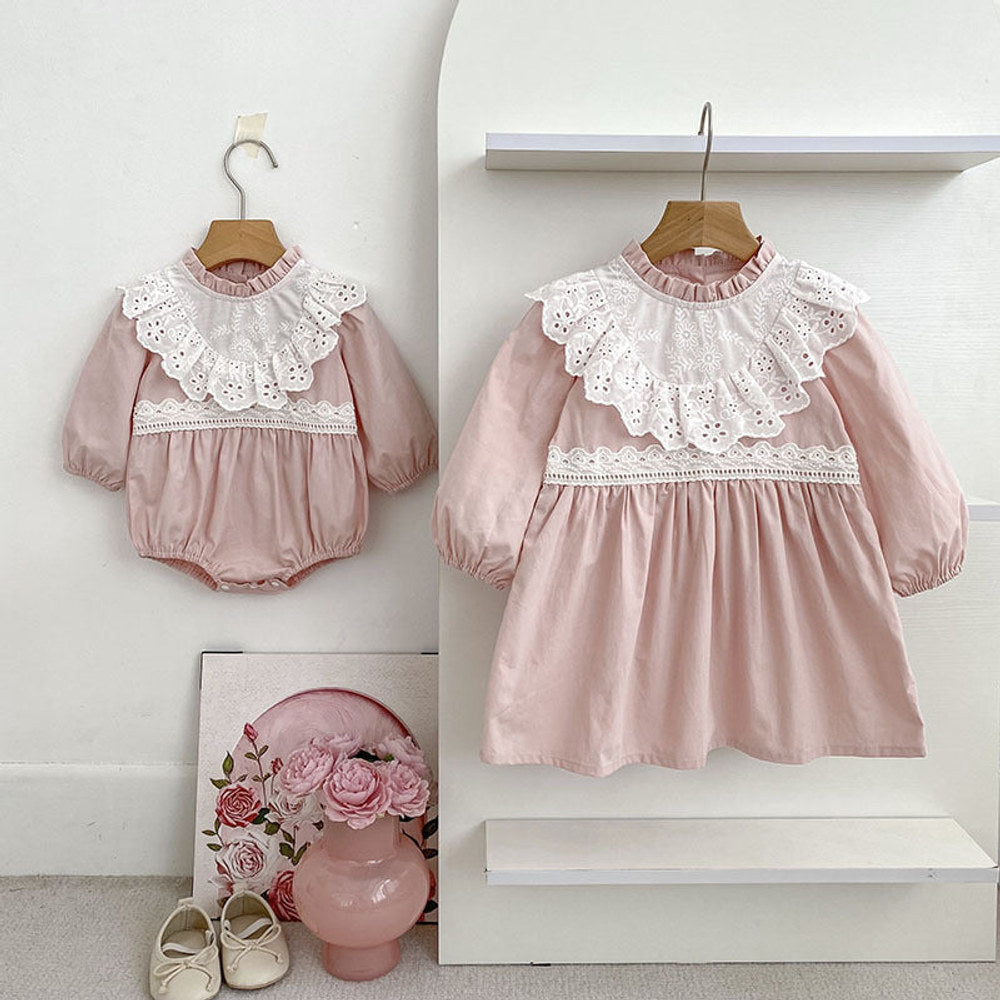 MyKids-USA® Baby Kids Girls Flowers Embroidered Pattern Long-sleeved bodysuit and Dress – Princess Sister Matching Set