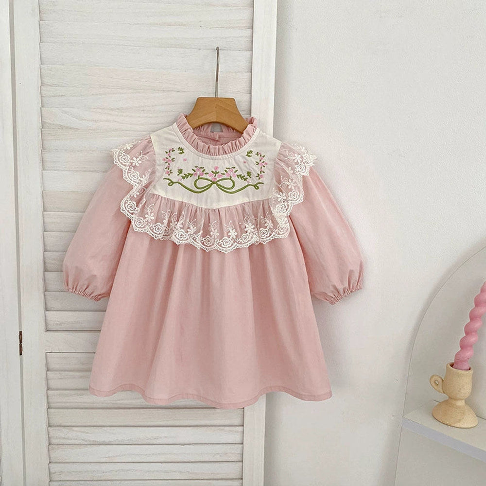 MyKids-USA® Baby Kids Girls Flowers Embroidered Pattern Long-sleeved bodysuit and Dress – Princess Sister Matching Set