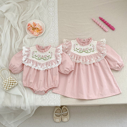 MyKids-USA® Baby Kids Girls Flowers Embroidered Pattern Long-sleeved bodysuit and Dress – Princess Sister Matching Set