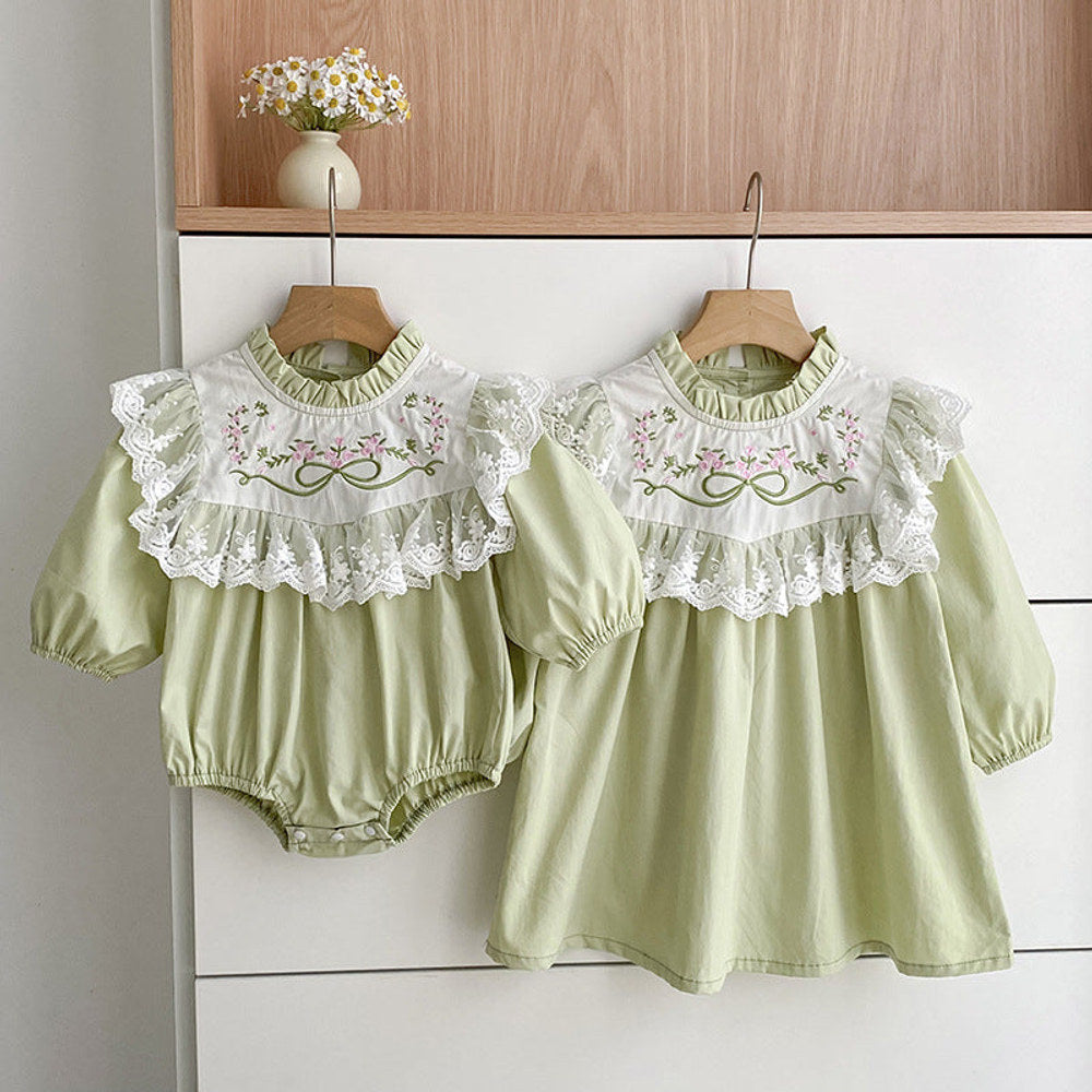 MyKids-USA® Baby Kids Girls Flowers Embroidered Pattern Long-sleeved bodysuit and Dress – Princess Sister Matching Set