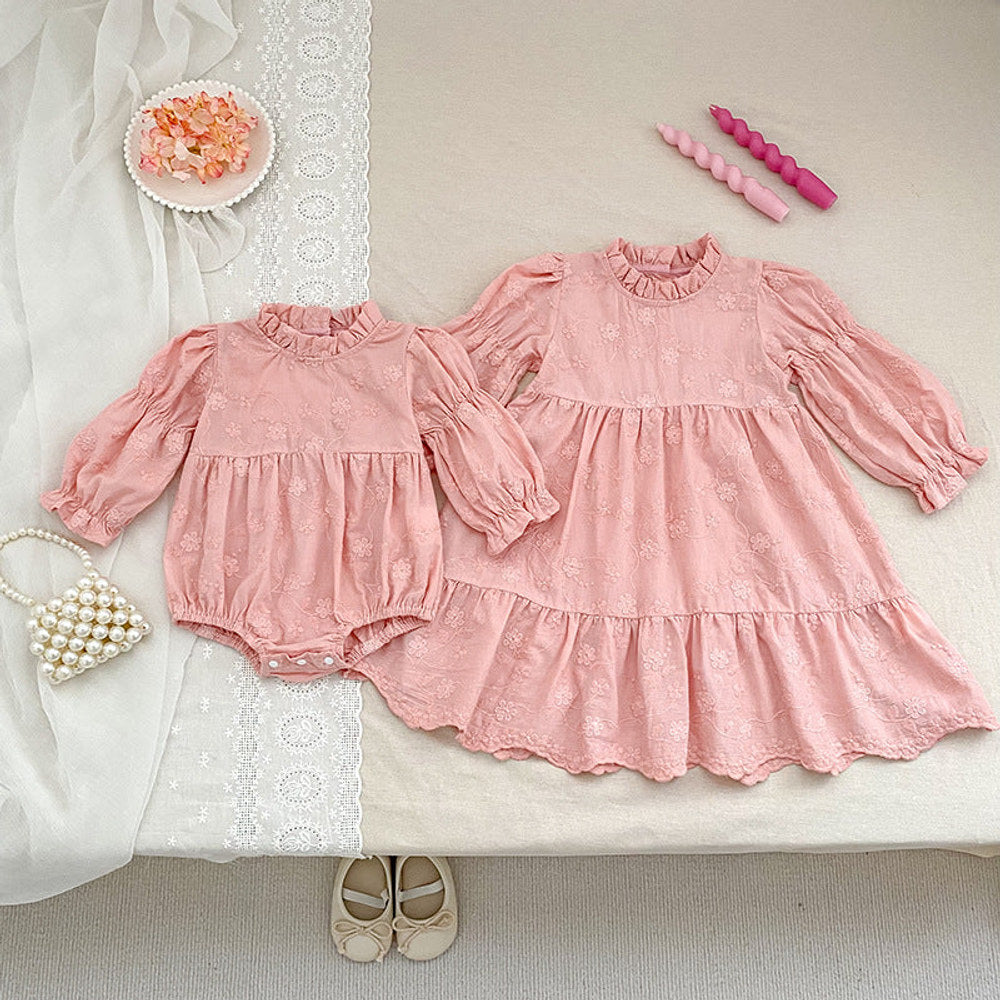 MyKids-USA® Autumn Baby Girls French Style Flowers Pattern Long-sleeved bodysuit and Dress – Princess Sister Matching Set
