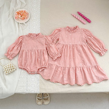 MyKids-USA® Autumn Baby Girls French Style Flowers Pattern Long-sleeved bodysuit and Dress – Princess Sister Matching Set