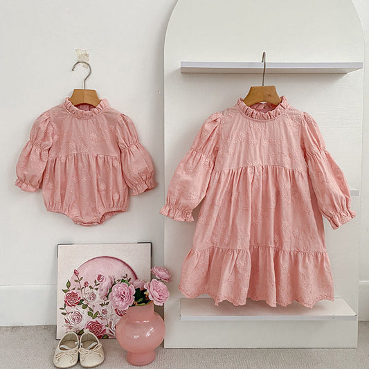MyKids-USA® Autumn Baby Girls French Style Flowers Pattern Long-sleeved bodysuit and Dress – Princess Sister Matching Set
