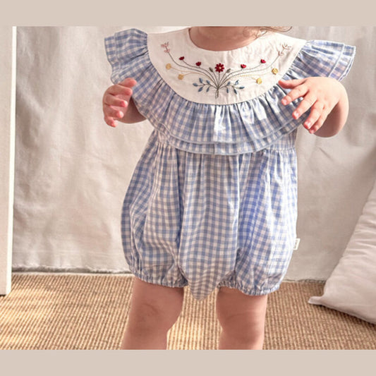 MyKids-USA® Baby Cute Plaid Sleeveless Flowers Embroidered bodysuit