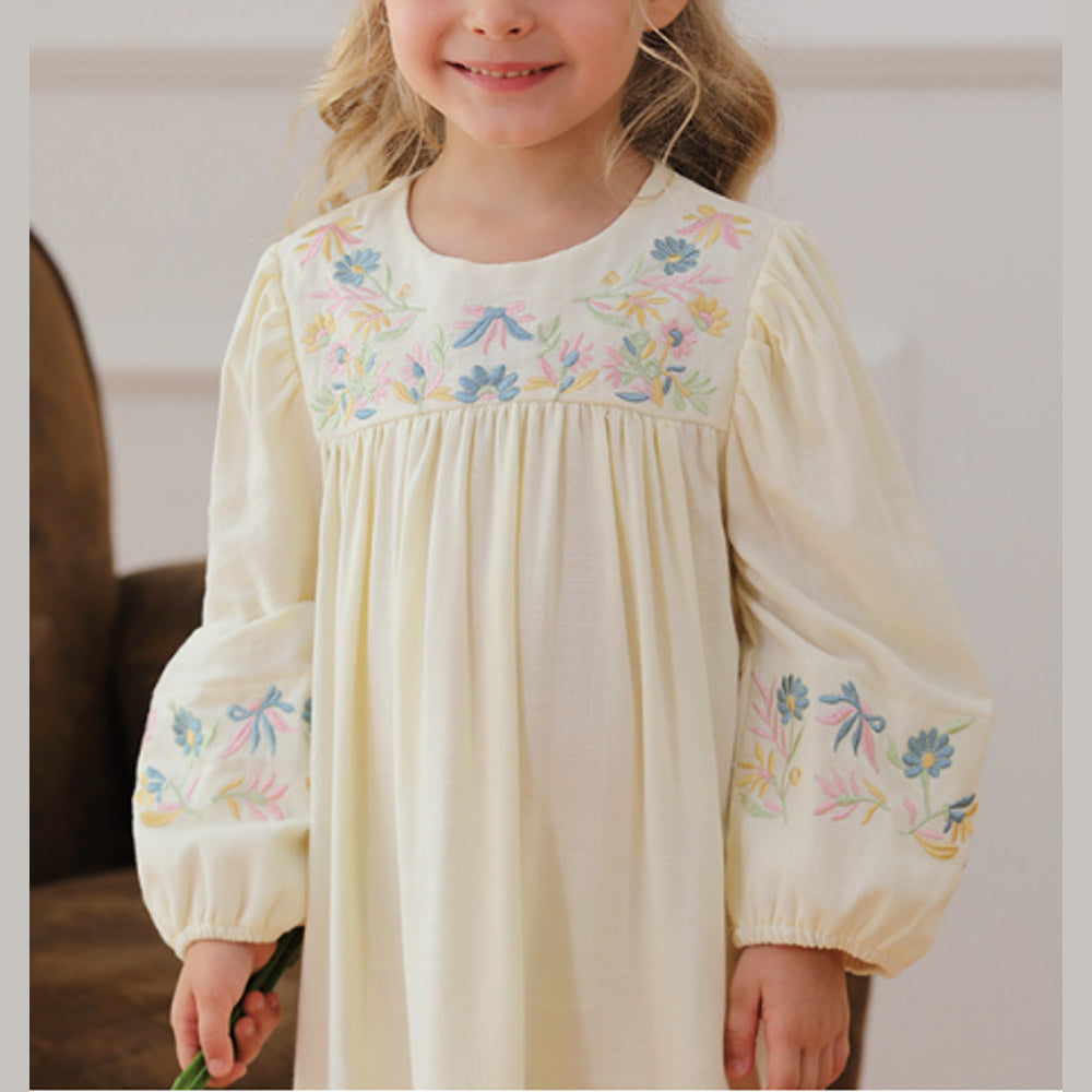 MyKids-USA® Vintage Flowers Embroidered Long-sleeved Dress for Stylish Girls