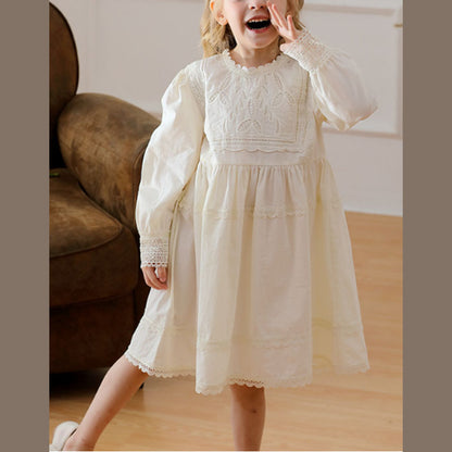 MyKids-USA® Lace Trim Design Girls Embroidery Long Sleeves Dress
