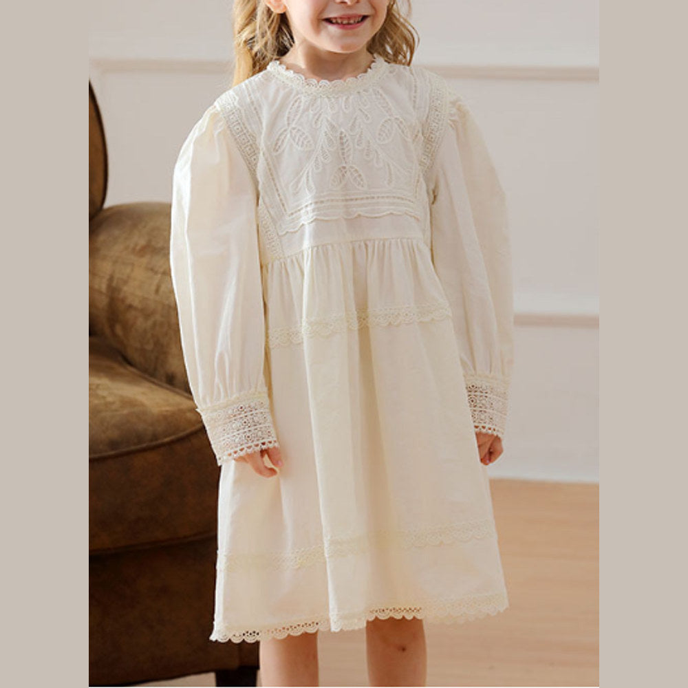 MyKids-USA® Lace Trim Design Girls Embroidery Long Sleeves Dress