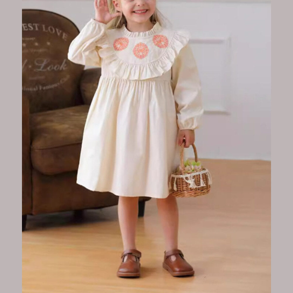 MyKids-USA® Girls Butterfly Embroidery Pattern Long Sleeves Ruffle Neck Dress
